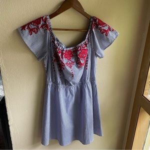 Striped Dress with Red Floral Embroidery